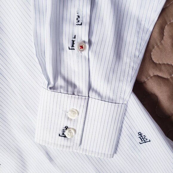 Lands' End Nautical Anchor Logo Non Iron Button Up White Striped Shirt - Picture 8 of 13